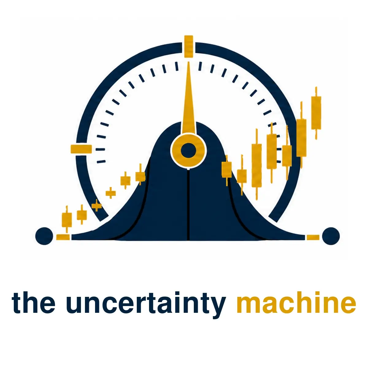The Uncertainty Machine logo with animated golden market candlesticks